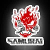 Modern Neon Sign with Samurai Logo on White Background