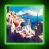 Vibrant Santorini-inspired island landscape neon sign in RGB colors glow