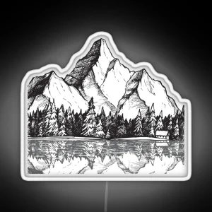 Scenic Mountain With Reflection In Lake Water Snowy Mountains Mountain Range Drawing RGB Neon Sign