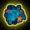 Colorful sea turtle surrounded by vibrant flowers in RGB neon.