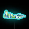 Vibrant Emerald City skyline neon art featuring iconic landmarks and wildlife