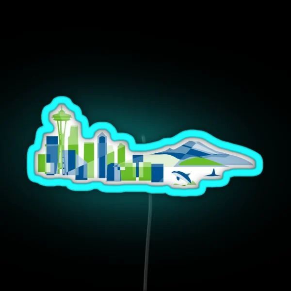 Seattle Skyline With Space Needle Mt Rainier And Orca In Colorful Green And Blue Geometric Shapes RGB Neon Sign