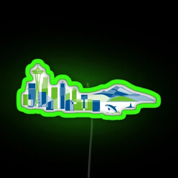 Seattle Skyline With Space Needle Mt Rainier And Orca In Colorful Green And Blue Geometric Shapes RGB Neon Sign