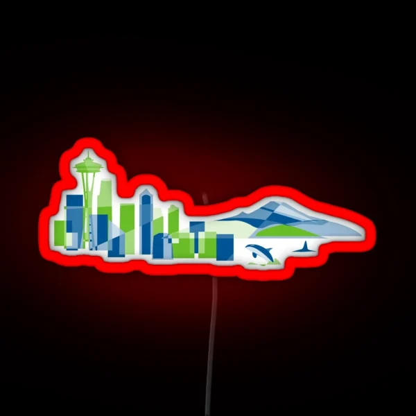 Seattle Skyline With Space Needle Mt Rainier And Orca In Colorful Green And Blue Geometric Shapes RGB Neon Sign