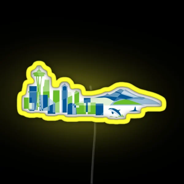 Seattle Skyline With Space Needle Mt Rainier And Orca In Colorful Green And Blue Geometric Shapes RGB Neon Sign