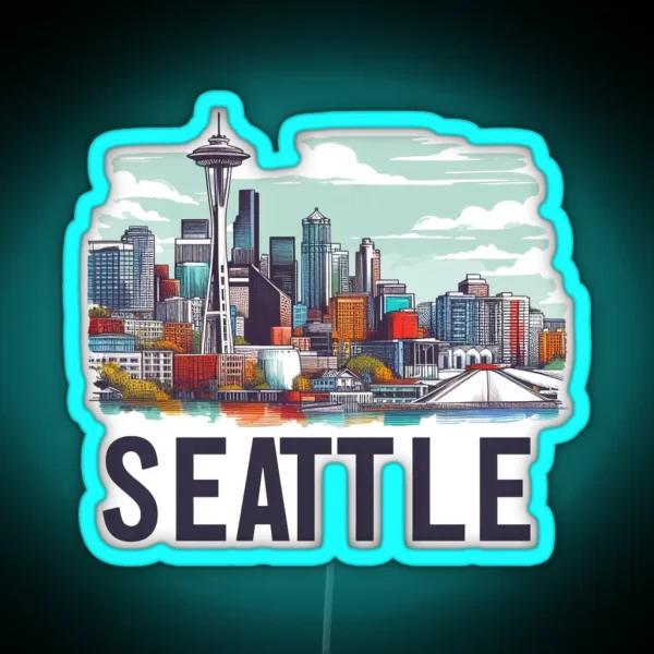 Seattle Washington Watercolor Illustration RGB Neon Sign