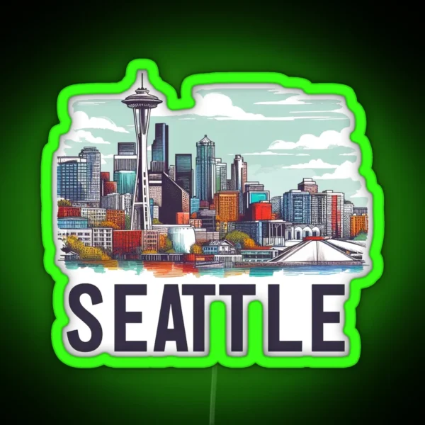 Seattle Washington Watercolor Illustration RGB Neon Sign
