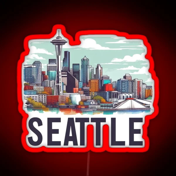 Seattle Washington Watercolor Illustration RGB Neon Sign