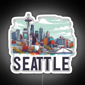 Seattle Washington Watercolor Illustration RGB Neon Sign