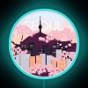 Vibrant Seoul Tower Cherry Blossom Night Scene in Woodcut Design
