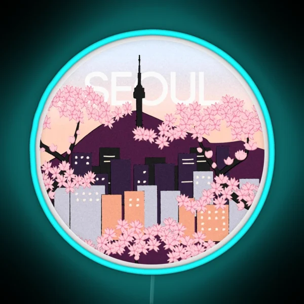 Seoul Tower With Woodblock Style Cherry Blossoms South RGB Neon Sign