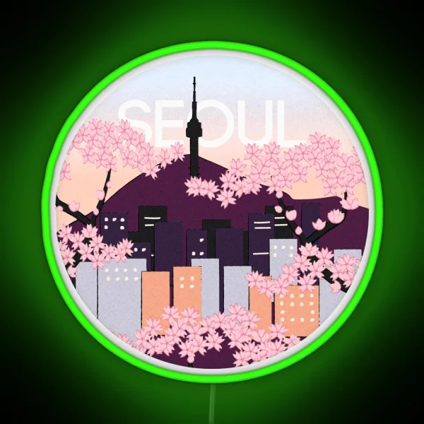 Seoul Tower With Woodblock Style Cherry Blossoms South RGB Neon Sign