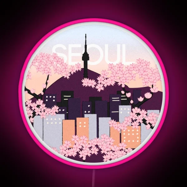 Seoul Tower With Woodblock Style Cherry Blossoms South RGB Neon Sign