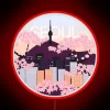 Seoul's Iconic Namsan Tower with Vibrant Cherry Blossom Woodblock Design