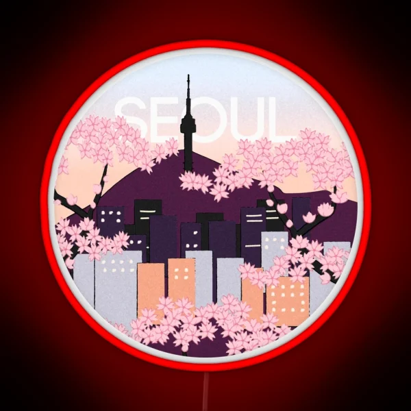 Seoul Tower With Woodblock Style Cherry Blossoms South RGB Neon Sign