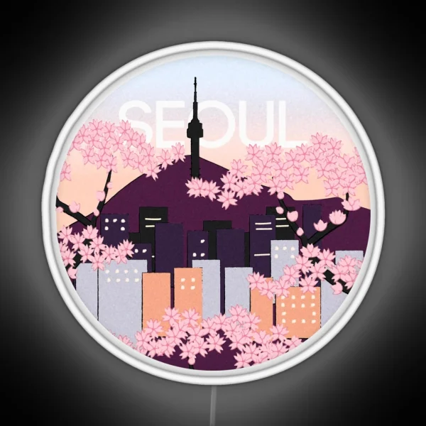 Seoul Tower With Woodblock Style Cherry Blossoms South RGB Neon Sign