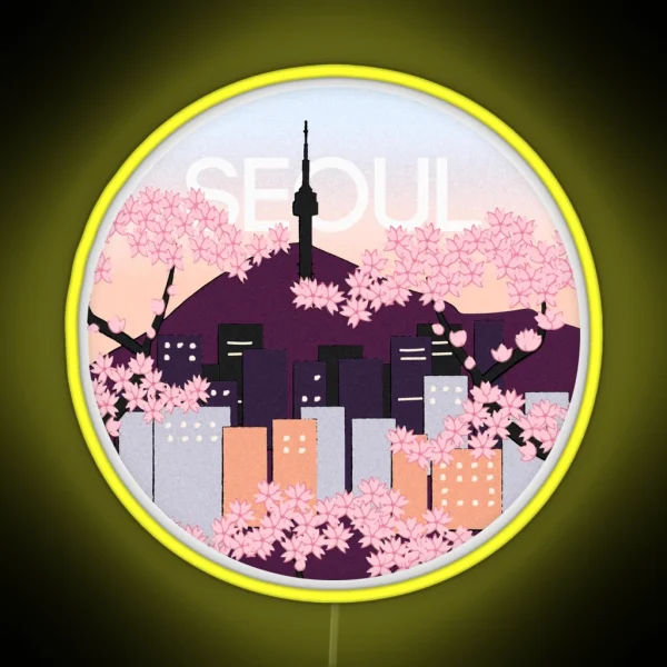 Seoul Tower With Woodblock Style Cherry Blossoms South RGB Neon Sign