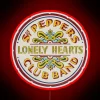 Sgt Pepper's iconic colorful logo in vibrant RGB neon lighting.