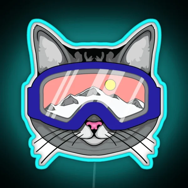 Ski Snowboard Cat Wearing Ski Goggles RGB Neon Sign