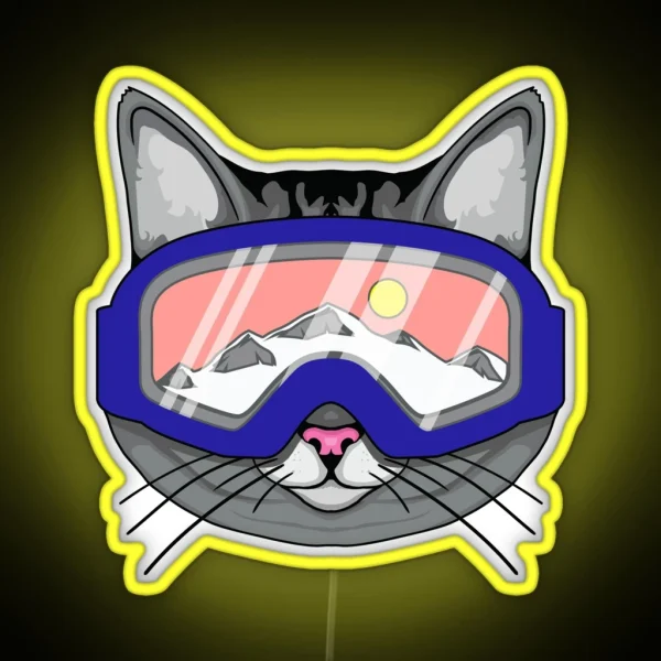 Ski Snowboard Cat Wearing Ski Goggles RGB Neon Sign