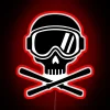 Radical neon ski sign with glowing skull crossed skis design.