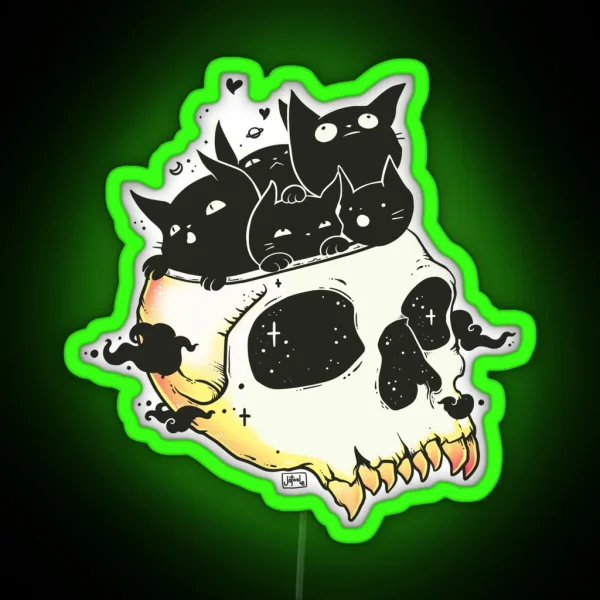 Skull Full Of Black Cat Kittens RGB Neon Sign