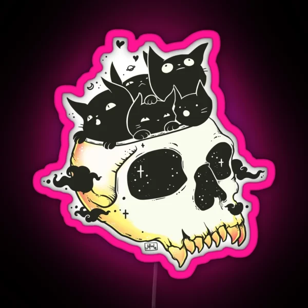 Skull Full Of Black Cat Kittens RGB Neon Sign