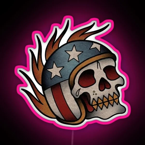Skull Motorcycle Helmet Tattoo RGB Neon Sign