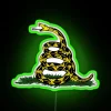 Rebellious warning neon sign featuring serpent coiled with caution message.