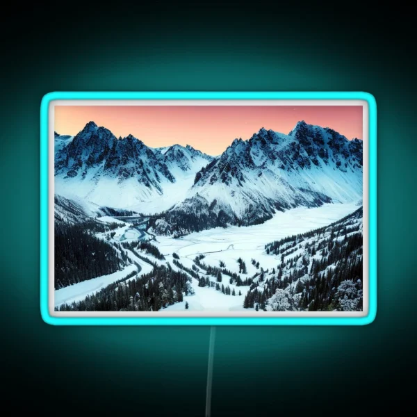 Snowy Mountain Range At Sunset In A Beautiful RGB Neon Sign