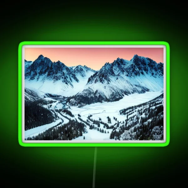 Snowy Mountain Range At Sunset In A Beautiful RGB Neon Sign