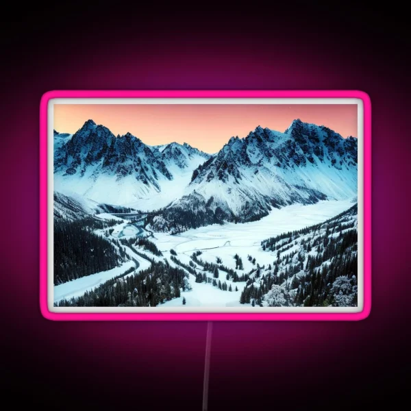 Snowy Mountain Range At Sunset In A Beautiful RGB Neon Sign
