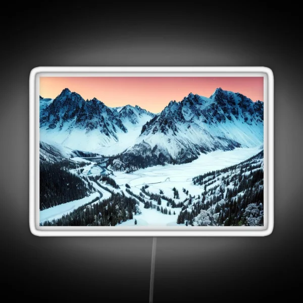 Snowy Mountain Range At Sunset In A Beautiful RGB Neon Sign
