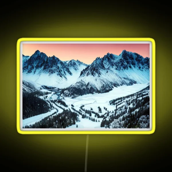 Snowy Mountain Range At Sunset In A Beautiful RGB Neon Sign