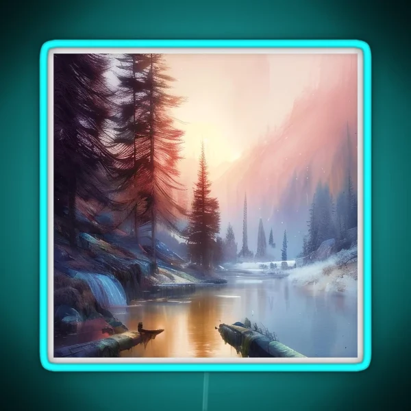 Snowy Mountain River Sunrise RGB Neon Sign