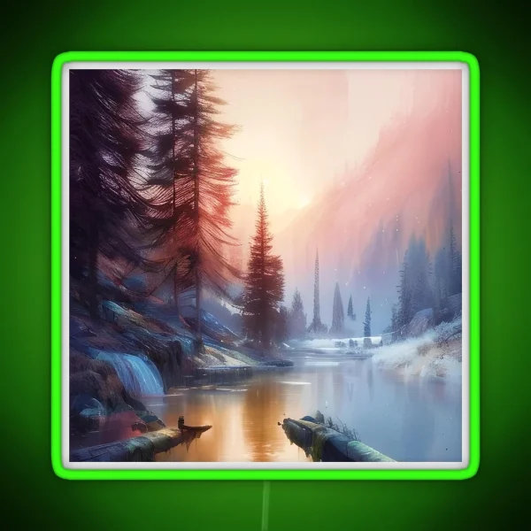 Snowy Mountain River Sunrise RGB Neon Sign