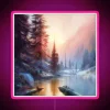 Vibrant snow-covered mountain sunrise scenic backdrop with colorful neon lighting effect