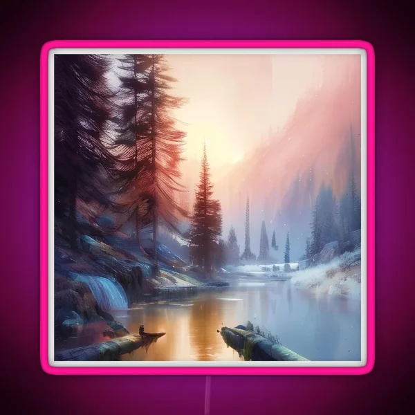 Snowy Mountain River Sunrise RGB Neon Sign