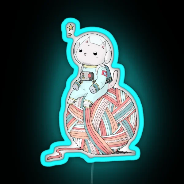 Space Cat On Planet Yarn Ball RGB Neon Sign