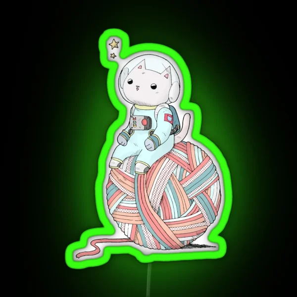 Space Cat On Planet Yarn Ball RGB Neon Sign