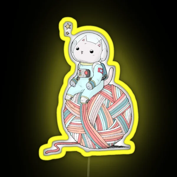 Space Cat On Planet Yarn Ball RGB Neon Sign