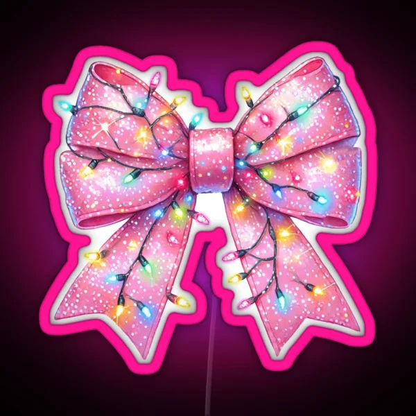 Sparkling Pink Bow With Twinkling Christmas Lights RGB Neon Sign