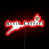 Vibrant RGB neon sign spells out 'Morning Coffee' in whimsy.