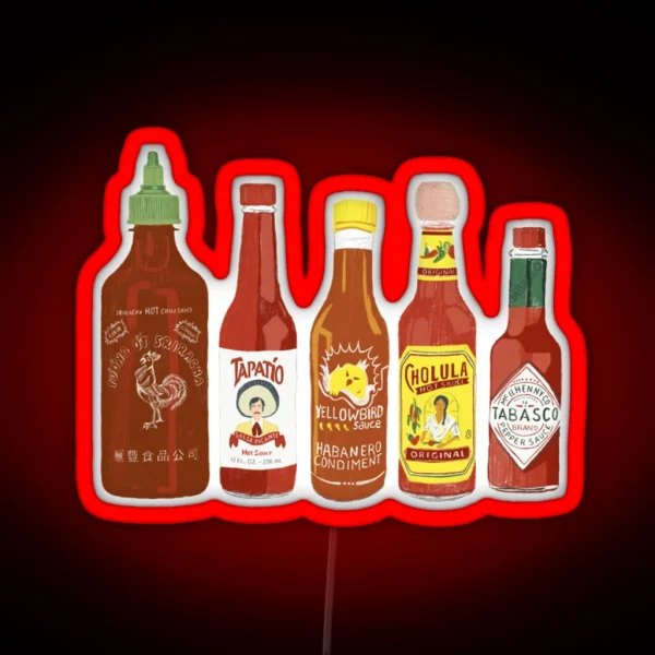 Spicy Check Out These Hot Sauces On Black RGB Neon Sign