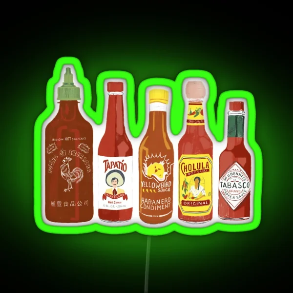 Spicy Check Out These Hot Sauces On Black Background RGB Neon Sign