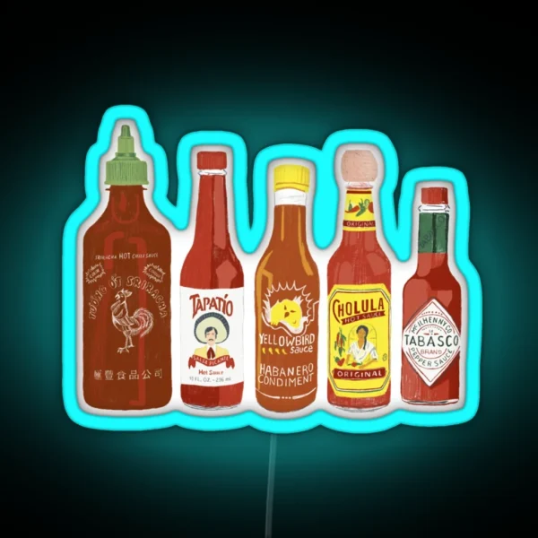 Spicy Check Out These Hot Sauces On Black Background1032 RGB Neon Sign