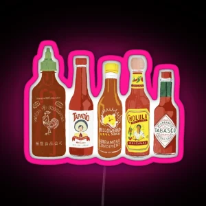 Spicy Check Out These Hot Sauces On Black Background1032 RGB Neon Sign