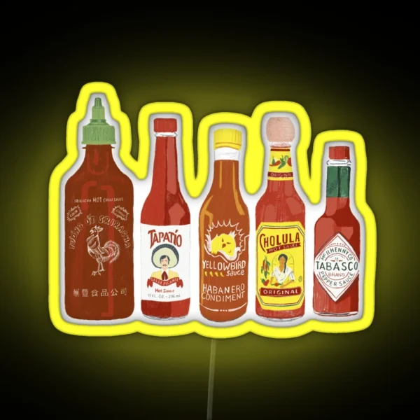 Spicy Check Out These Hot Sauces On Black Background1032 RGB Neon Sign