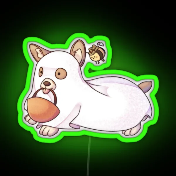 Spooky Ghost Corgi With Bee RGB Neon Sign