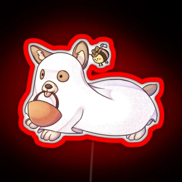 Spooky Ghost Corgi With Bee RGB Neon Sign